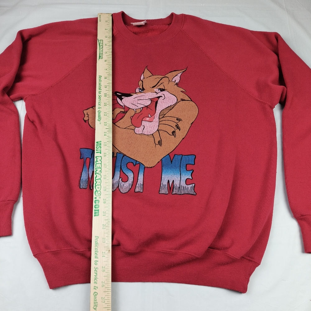 Vintage 80s sweatshirt Lee big bad wolf teletrend 1987 trust me XL Red USA Made - Picture 10 of 16